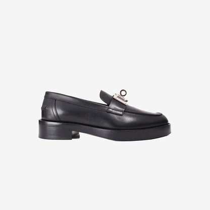 Hermès Hot Loafers in Noir Calfskin Leather with Palladium Kelly Buckle (Size 38.5)