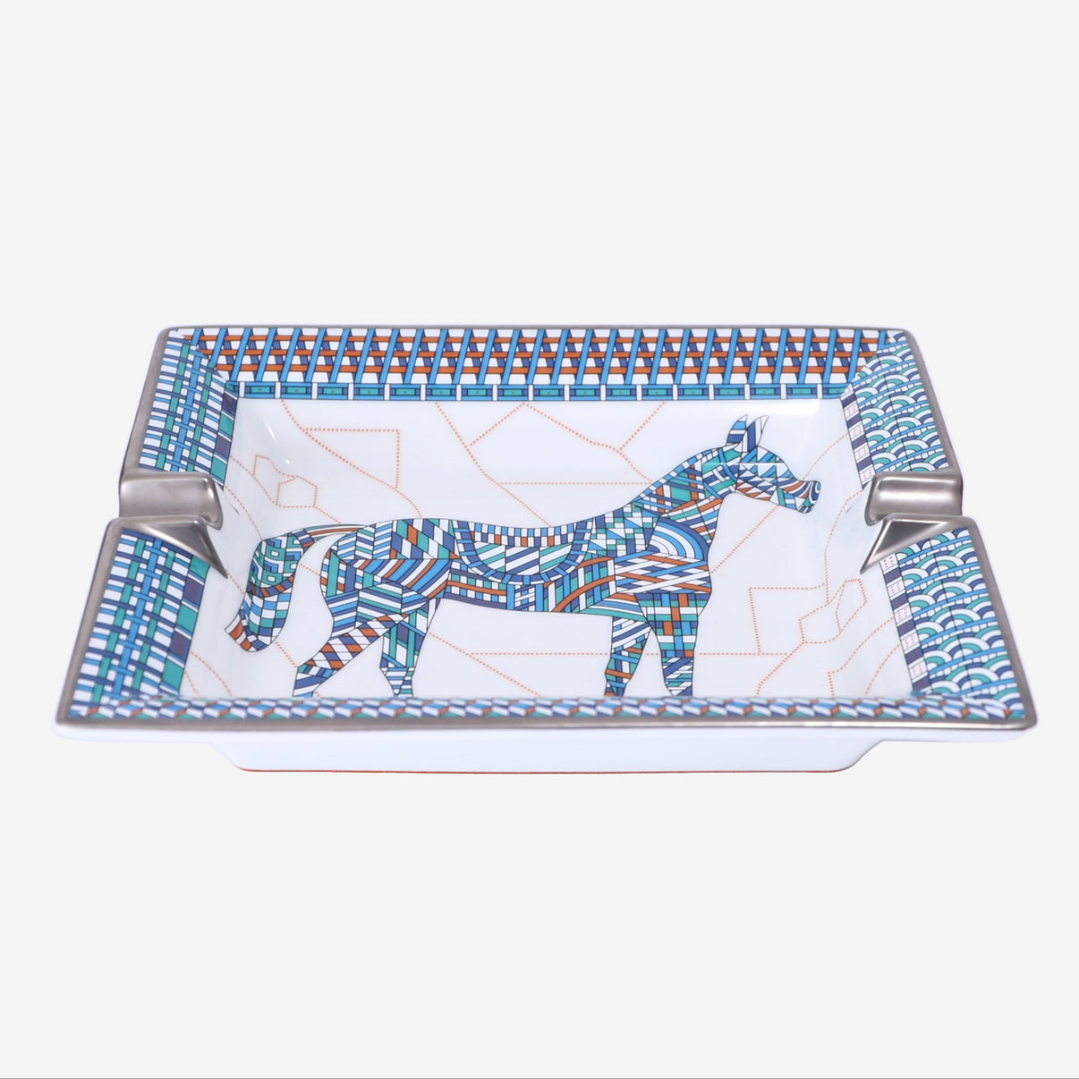 Hermès Cheval Déco Ashtray in Bleu Cobalt Porcelain with Velvet Goatskin Base detail view