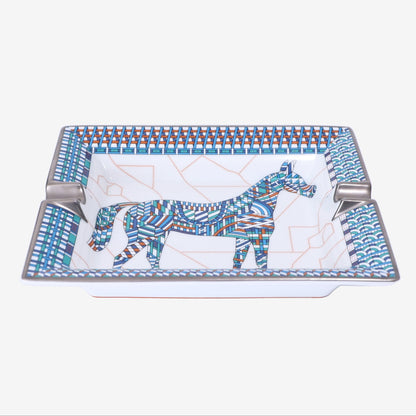 Hermès Cheval Déco Ashtray in Bleu Cobalt Porcelain with Velvet Goatskin Base detail view
