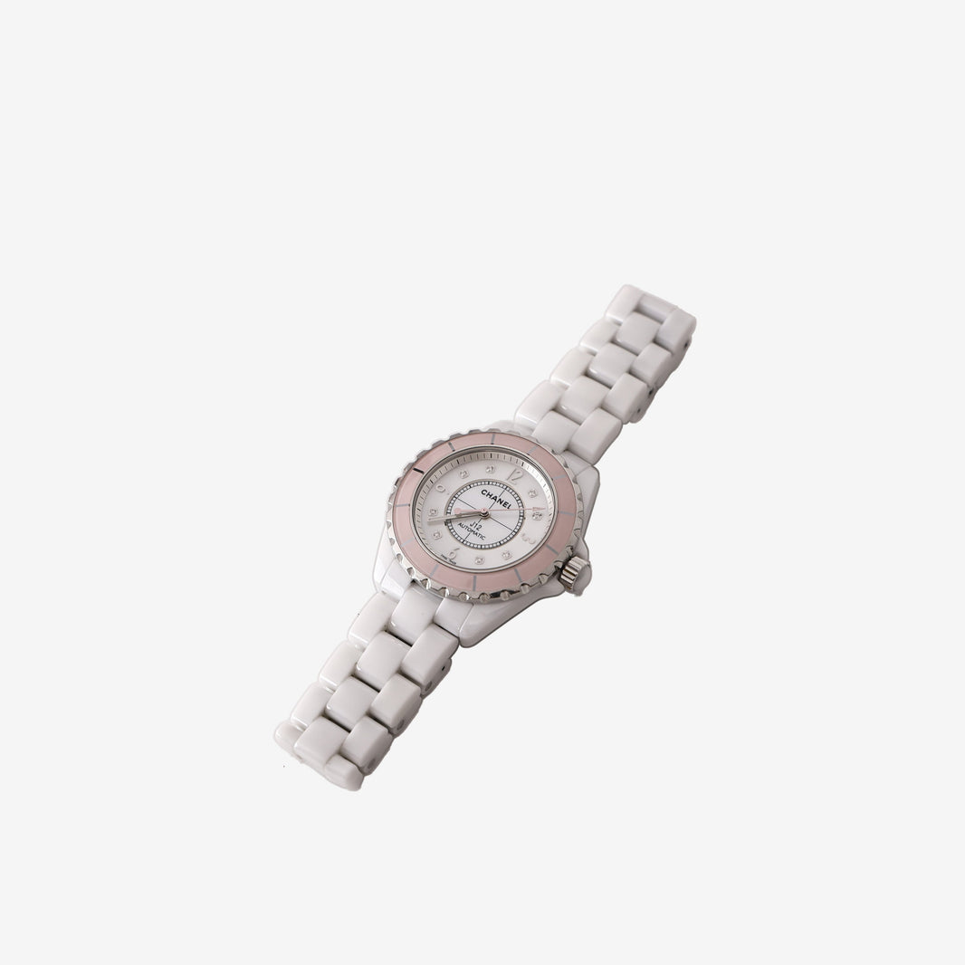 Chanel J12 29 mm Wristwatch in White Ceramic with Pastel Pink Bezel, Mother-of-Pearl Dial and Diamond Hour Markers