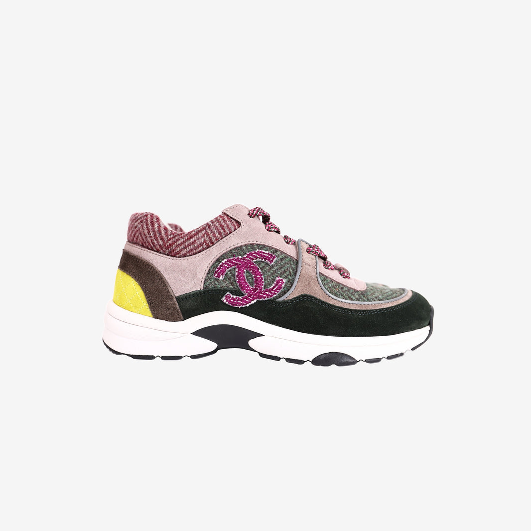 Chanel CC Low Top Sneakers in Multicolour Tweed and Suede (Size 38)