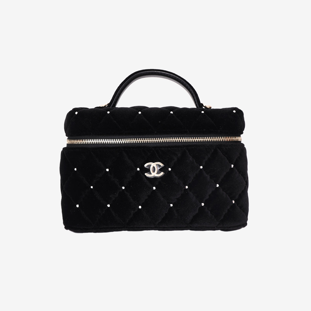 Chanel Velvet Diamanté Quilted Top Handle Vanity Case in Black with Gold Hardware front view