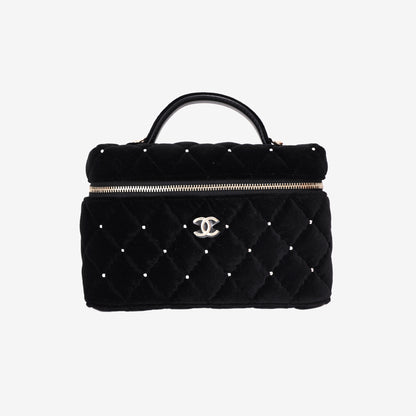 Chanel Velvet Diamanté Quilted Top Handle Vanity Case in Black with Gold Hardware front view