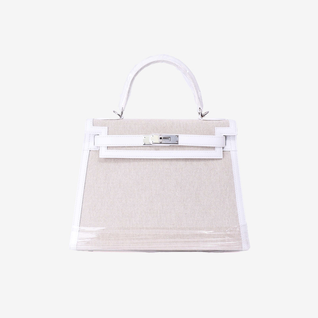 Hermès Kelly 28 in Blanc Canvas with Leather Trim with Palladium Hardware front view