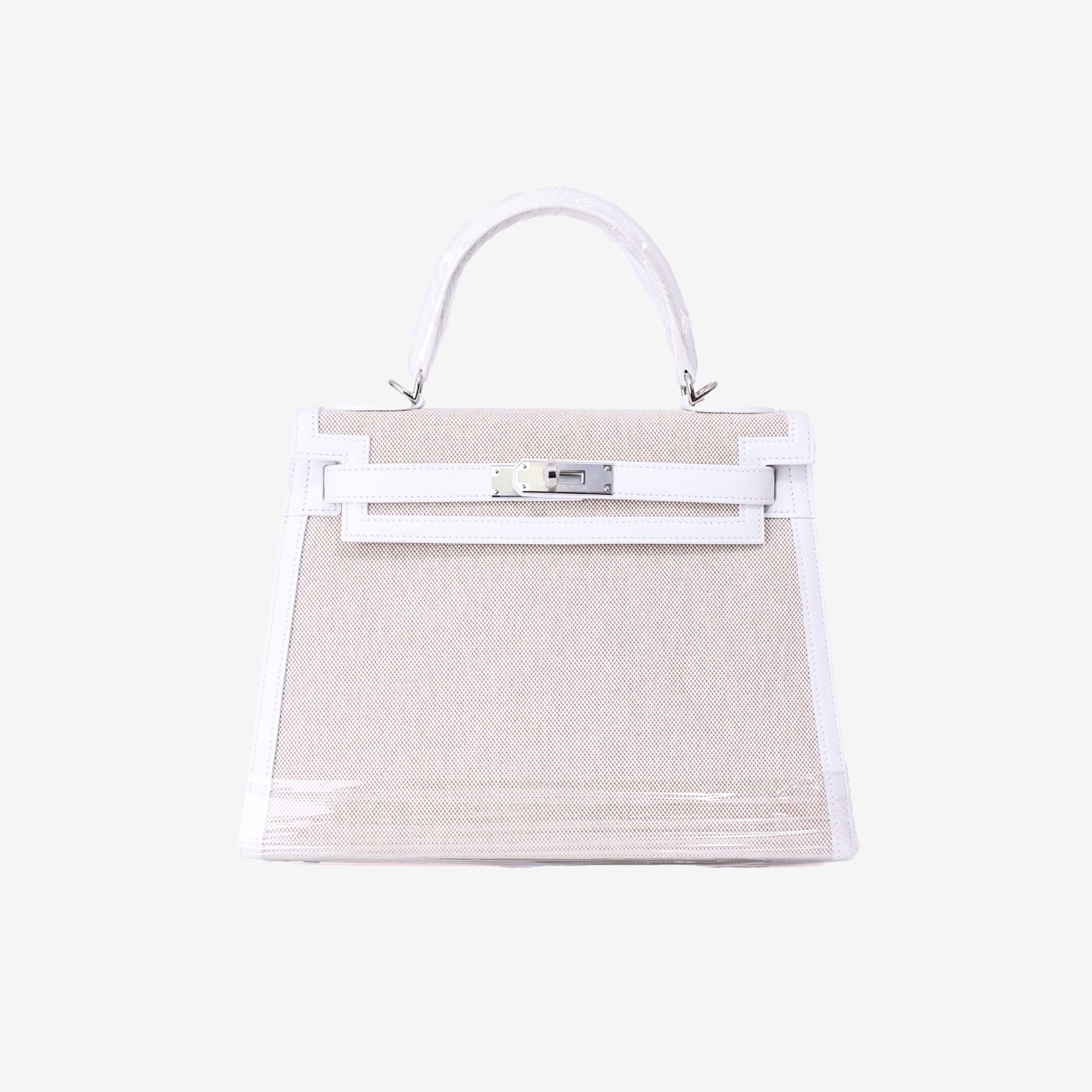 Hermès Kelly 28 in Blanc Canvas with Leather Trim with Palladium Hardware front view
