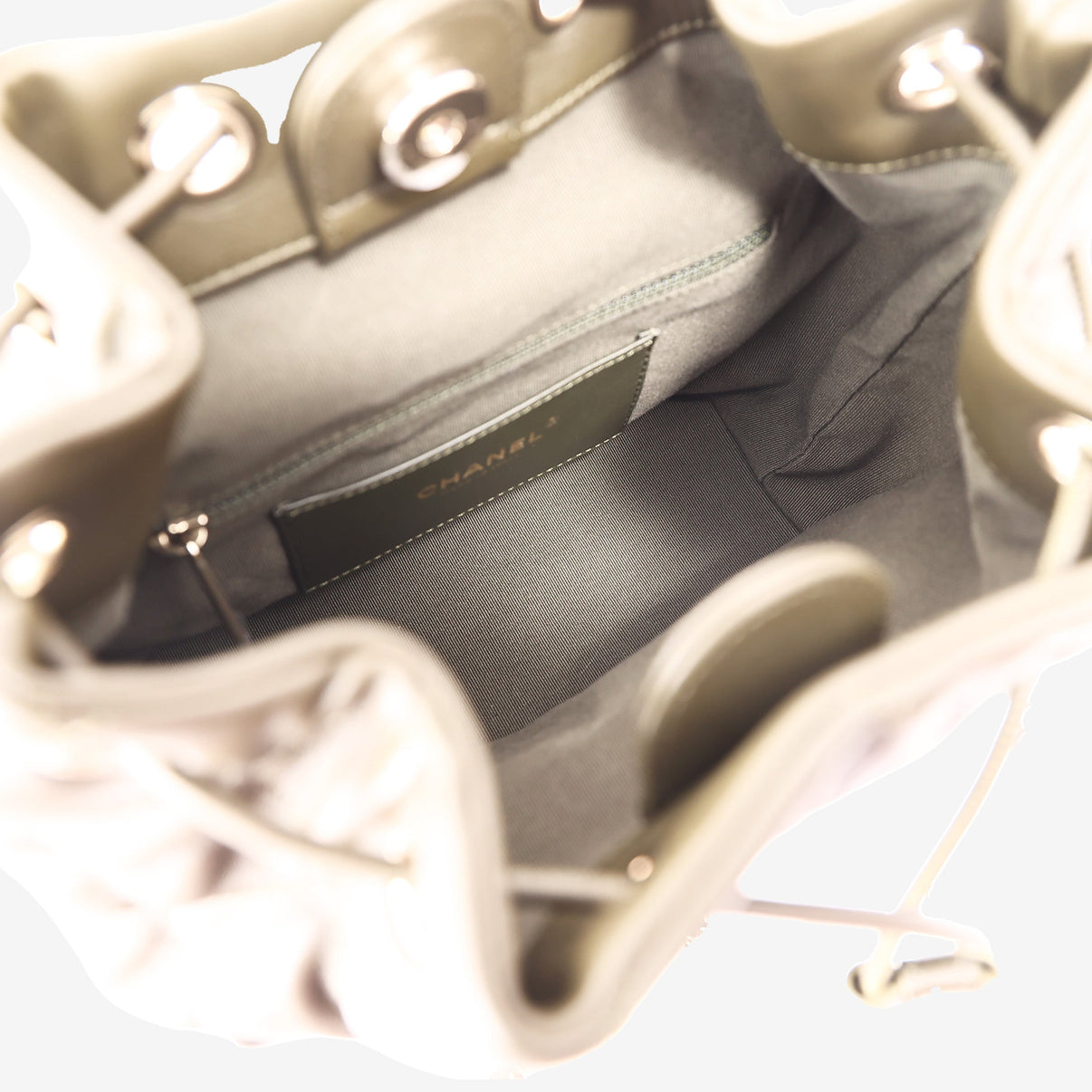 Chanel Duma Drawstring Backpack in Khaki Lambskin Leather detail view