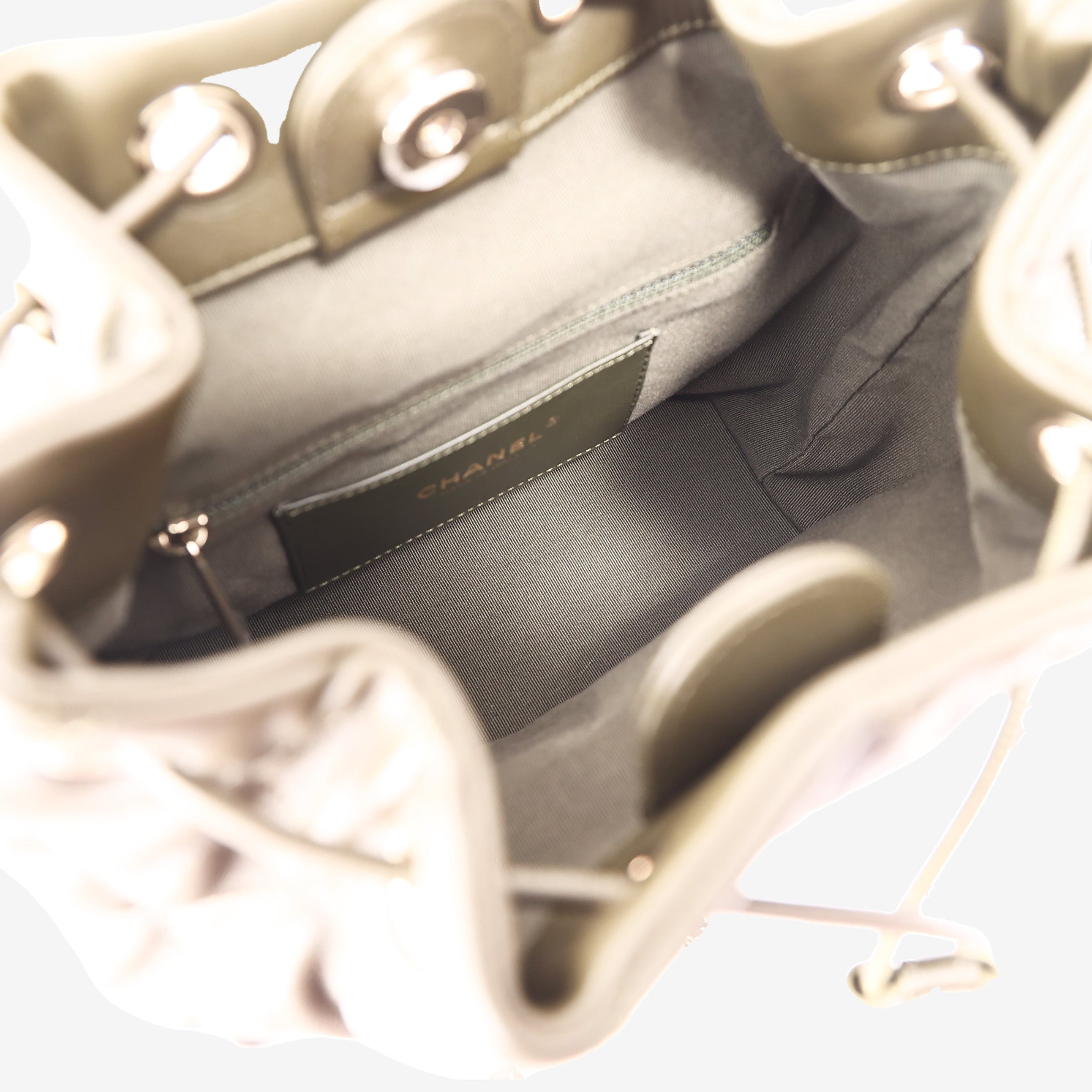 Chanel Duma Drawstring Backpack in Khaki Lambskin Leather detail view