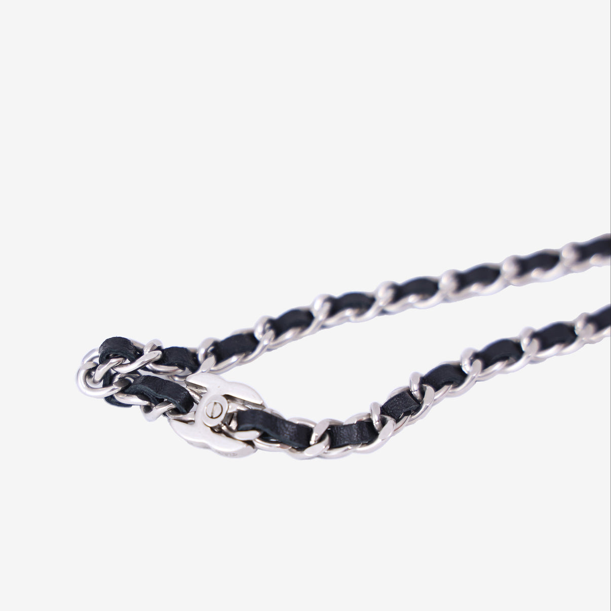 Chanel Timeless CC Chain Bracelet in Black Lambskin Leather with Silver Hardware detail view