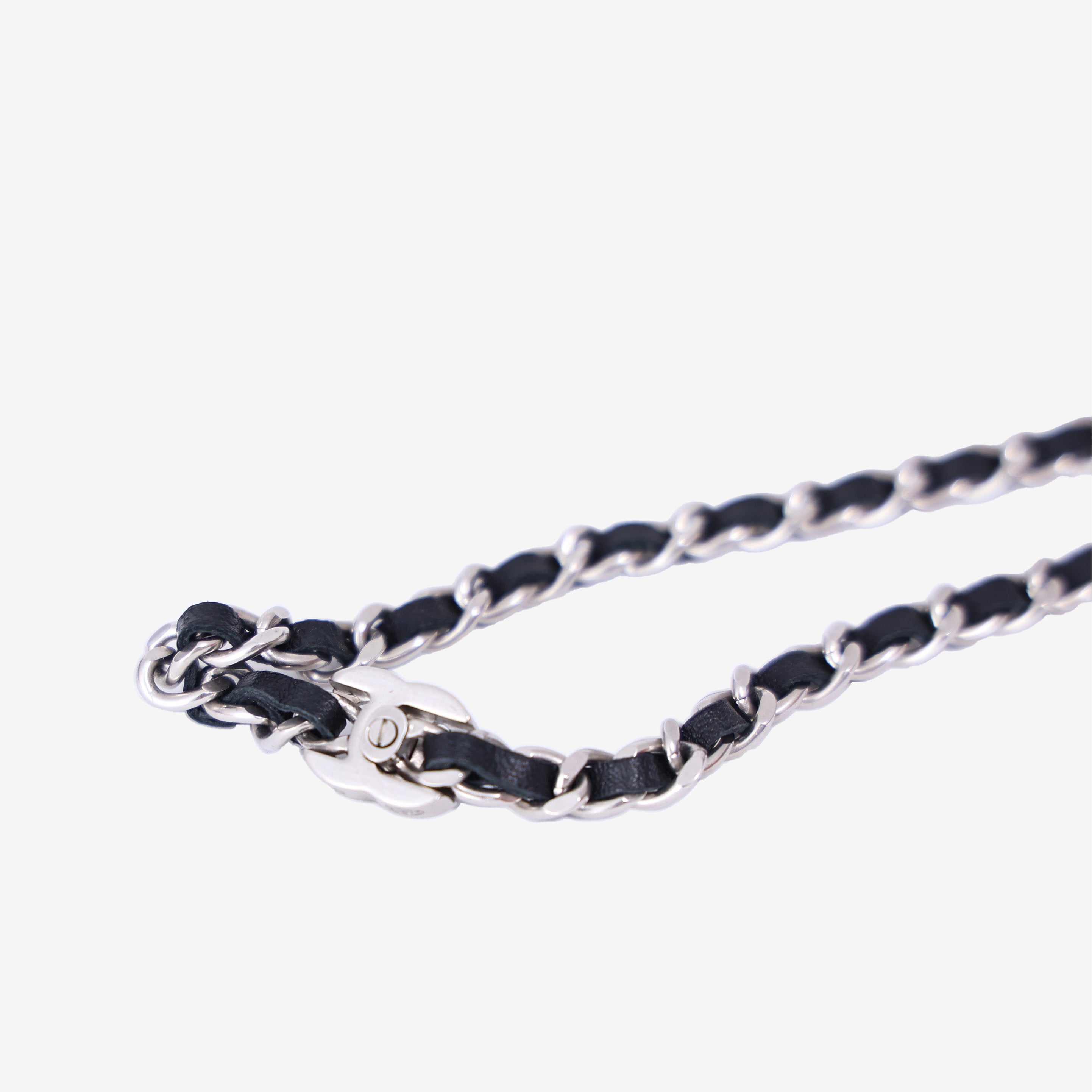 Chanel Timeless CC Chain Bracelet in Black Lambskin Leather with Silver Hardware detail view