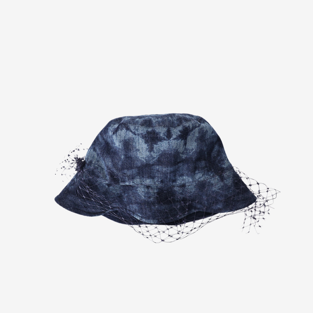 Christian Dior Tie-Dye Denim Black Veil Bucket Hat in Blue/Black Cotton Denim with Gold Hardware