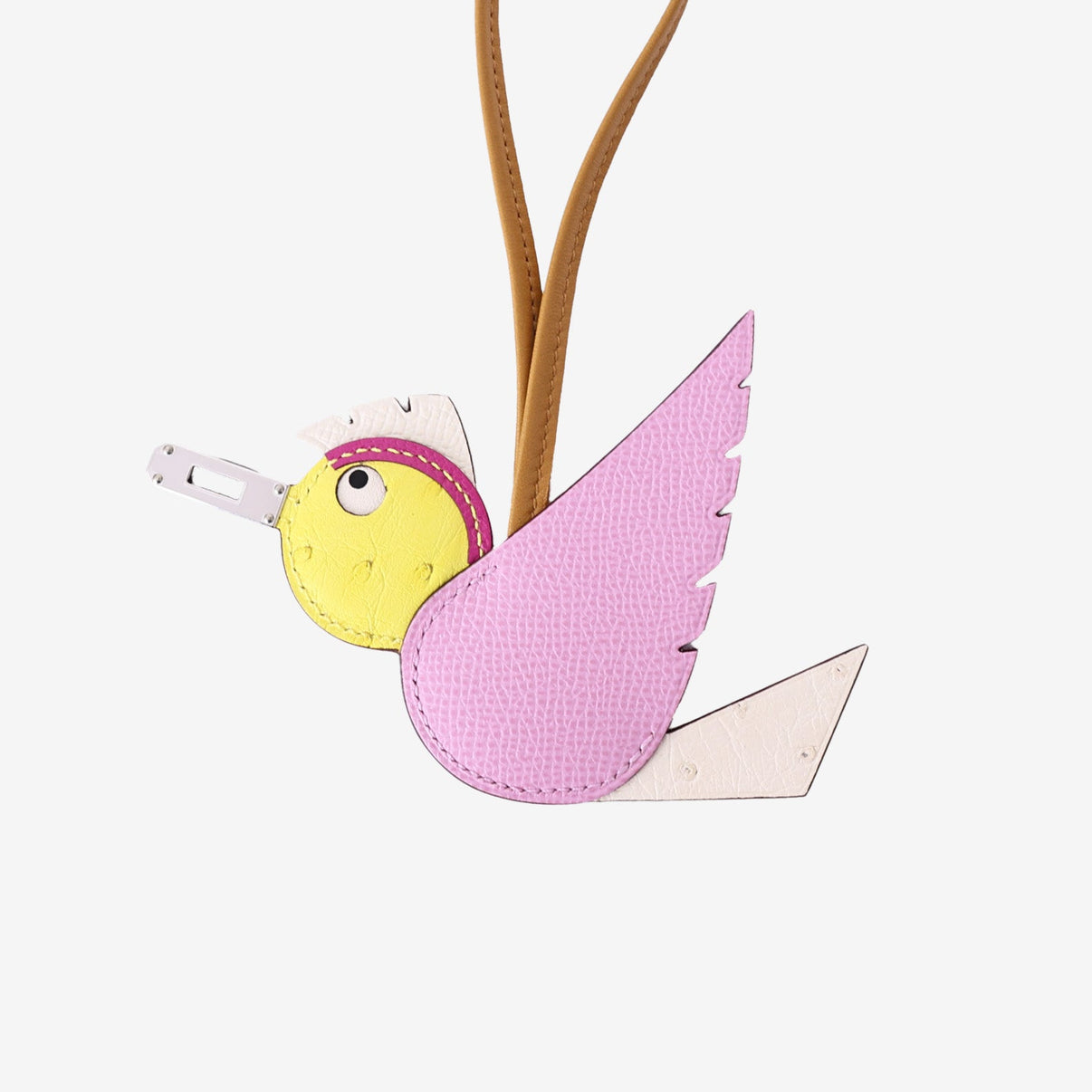 Hermès Birdy Charm in Mauve Sylvestre/Nata/Jaune Citron Ostrich Leather with Palladium Hardware detail view