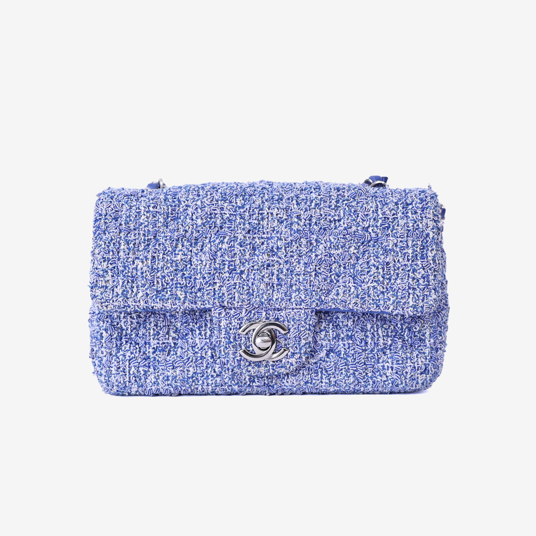 Chanel Mini Rectangular Flap Bag in Blue/White Tweed Leather with Silver Hardware front view