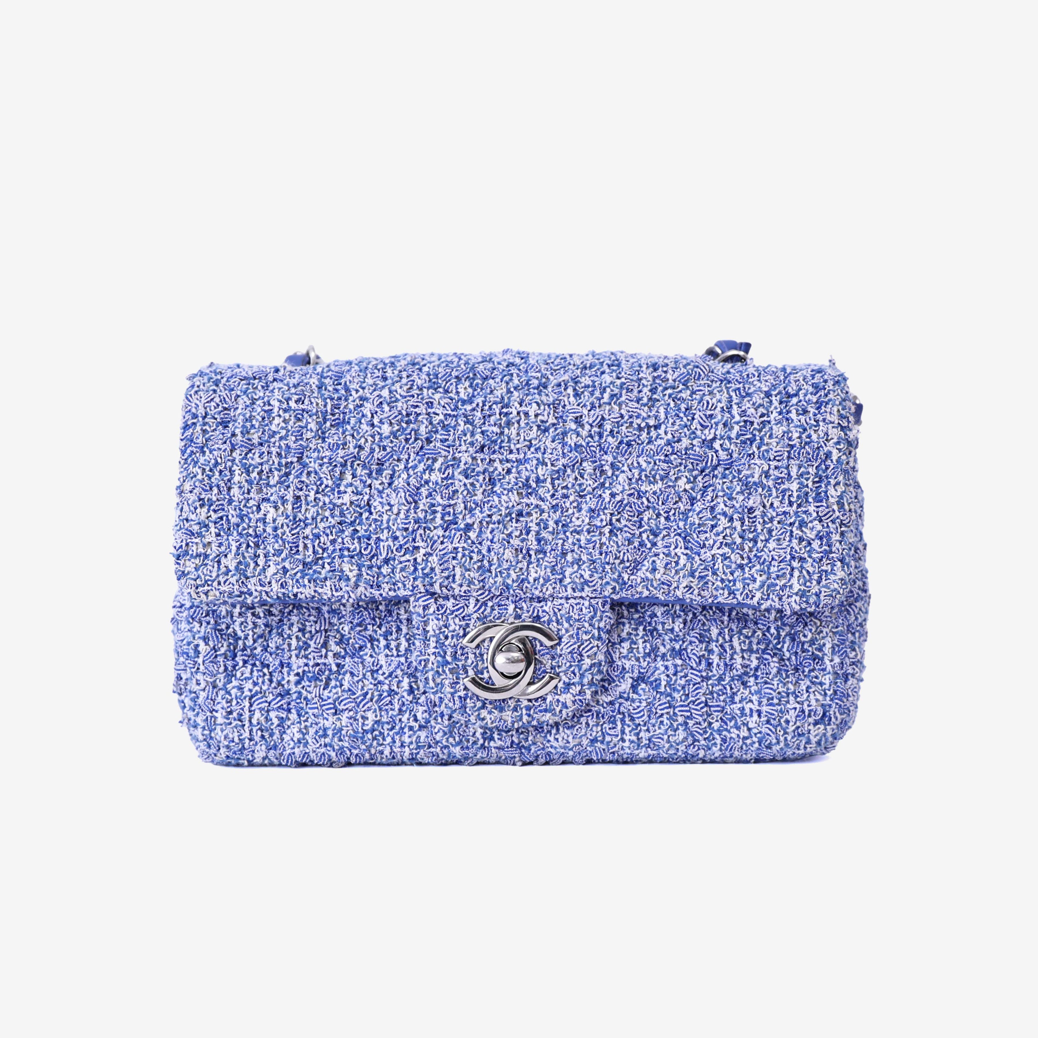 Chanel Mini Rectangular Flap Bag in Blue/White Tweed Leather with Silver Hardware front view