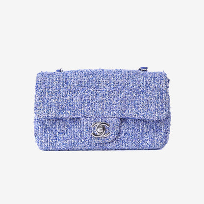 Chanel Mini Rectangular Flap Bag in Blue/White Tweed Leather with Silver Hardware front view