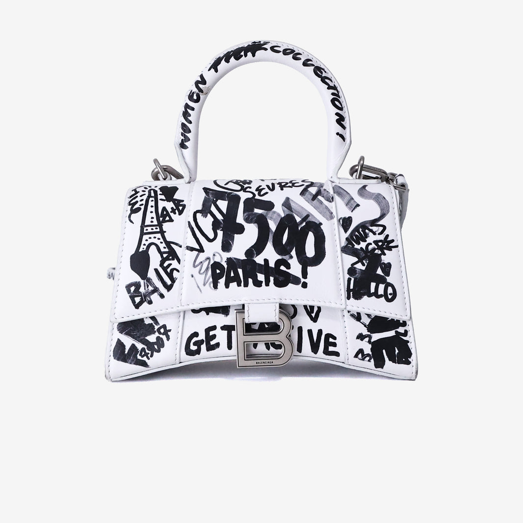 Balenciaga Hourglass XS Top Handle Bag in White Graffiti Print Leather with Silver Hardware