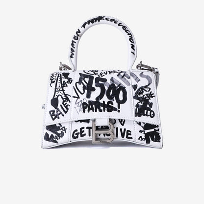 Balenciaga Hourglass XS Top Handle Bag in White Graffiti Print Leather with Silver Hardware