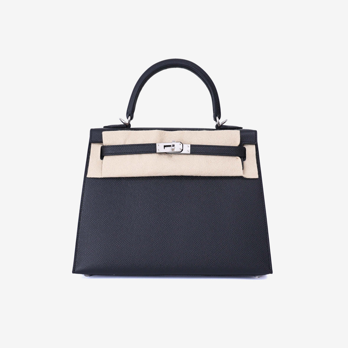 Hermès Kelly 25 in Noir Epsom Leather with Palladium Hardware front view