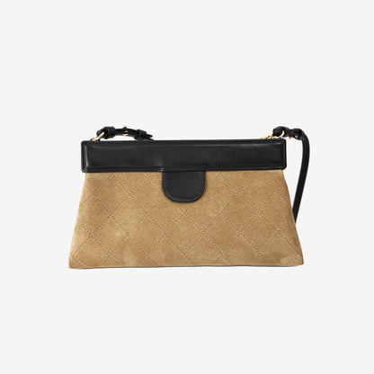 Chanel 26K Quilted Handbag in Beige Suede/Black Calfskin Leather with Gold Hardware