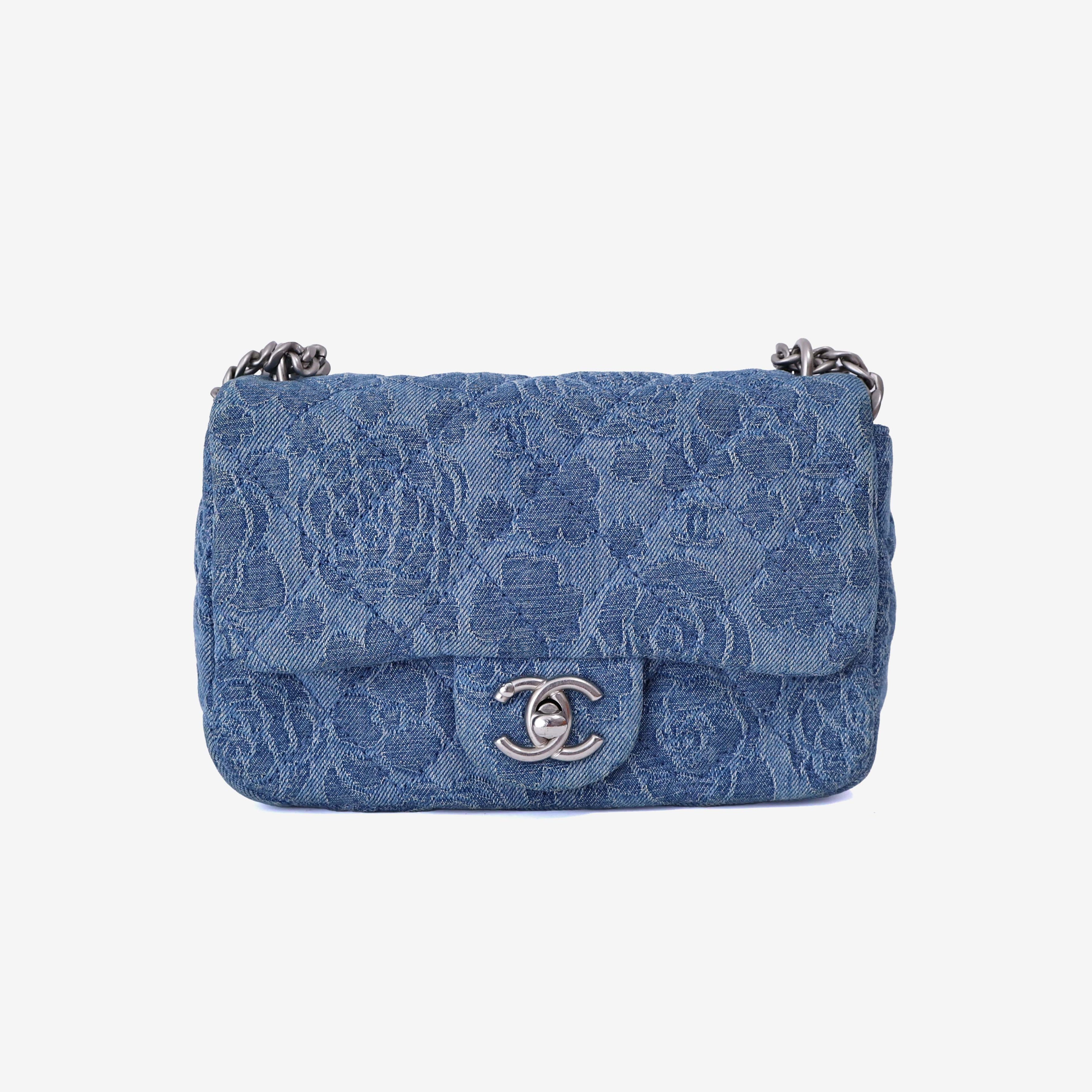 Chanel Heart Crush Mini Flap Bag in Blue Denim Leather with Silver Hardware front view