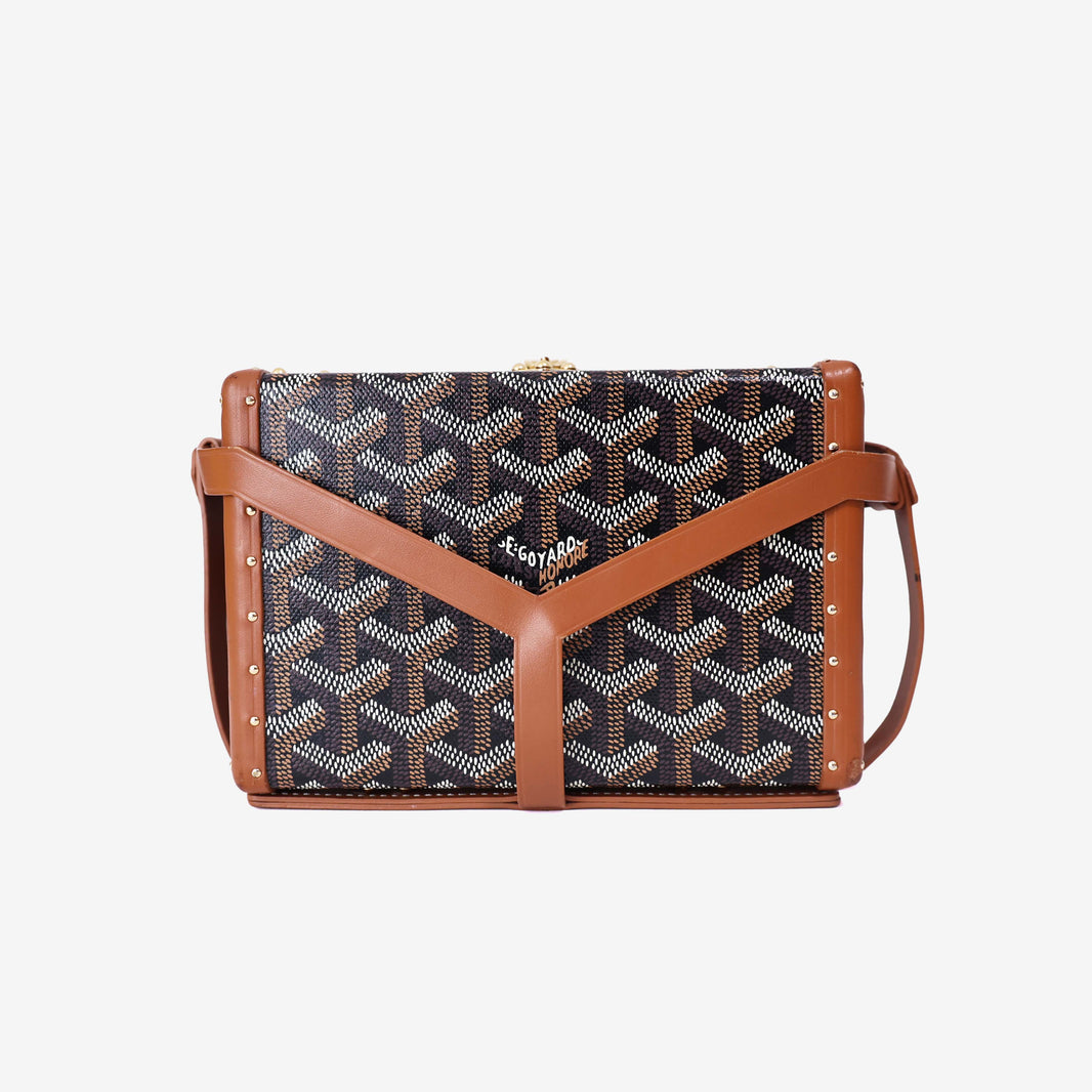 Goyard Minaudière Trunk Shoulder Bag in Black/Tan Goyardine Canvas with Clamecy Cowhide with Gold Hardware front view