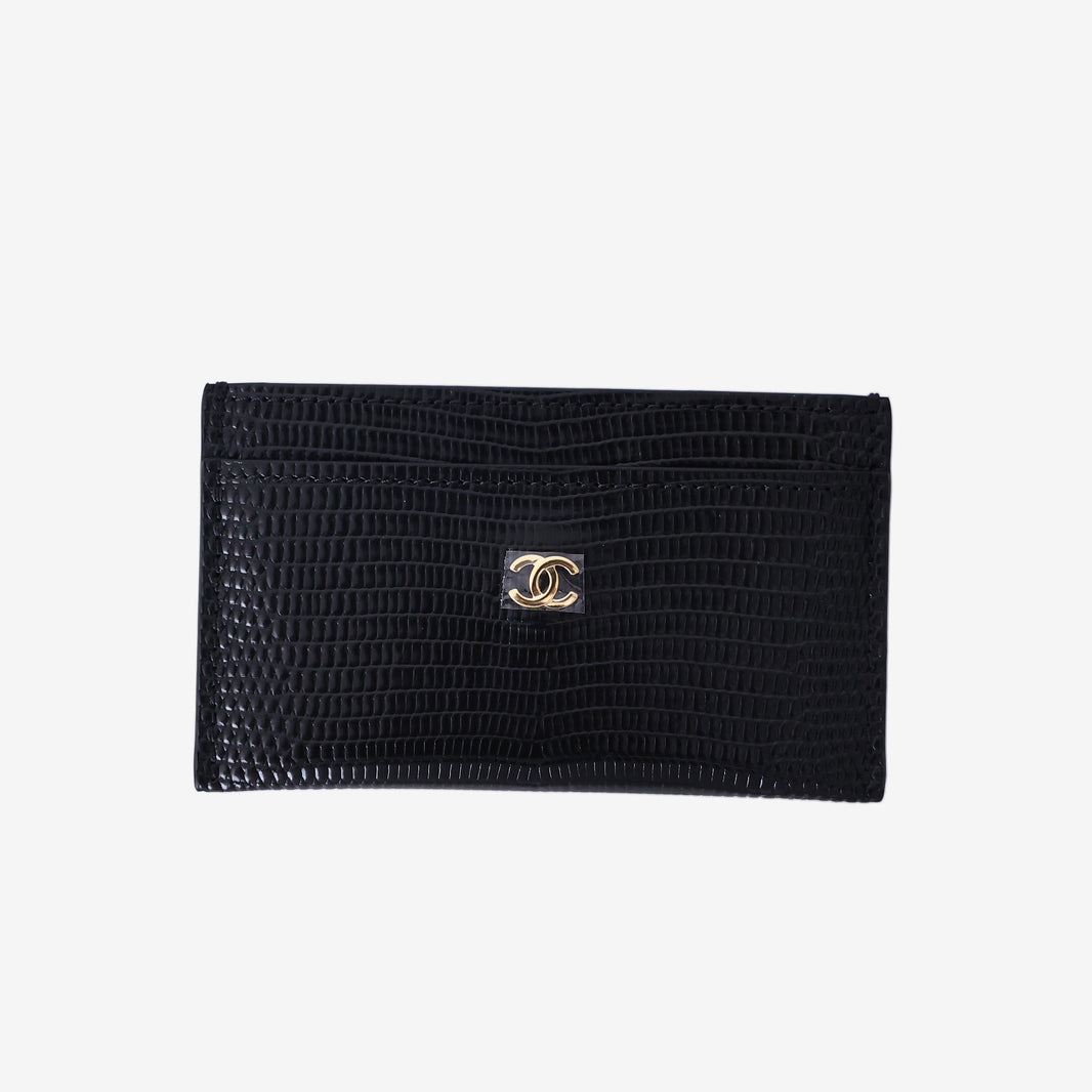 Chanel Lizard Embossed Card Holder in Black Calfskin with Gold Hardware