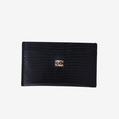 Chanel Lizard Embossed Card Holder in Black Calfskin with Gold Hardware