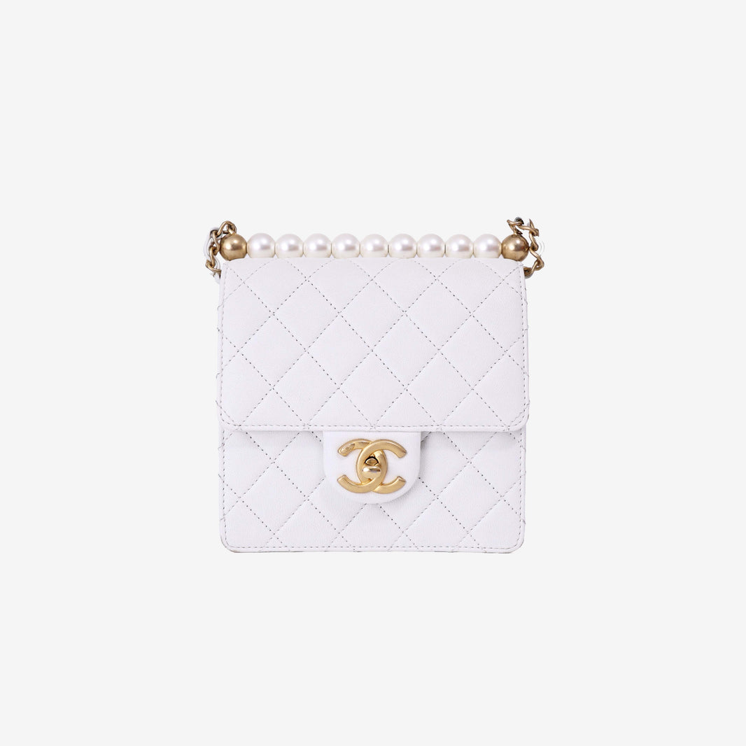 Chanel Classic Flap on Pearl Chain in White Lambskin with Gold Hardware front view
