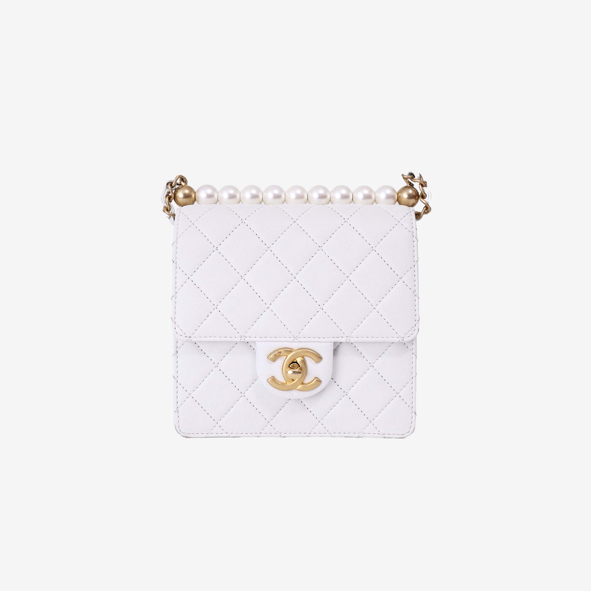 Chanel Classic Flap on Pearl Chain in White Lambskin with Gold Hardware front view