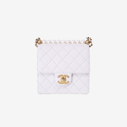 Chanel Classic Flap on Pearl Chain in White Lambskin with Gold Hardware front view