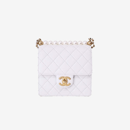 Chanel Classic Flap on Pearl Chain in White Lambskin with Gold Hardware front view