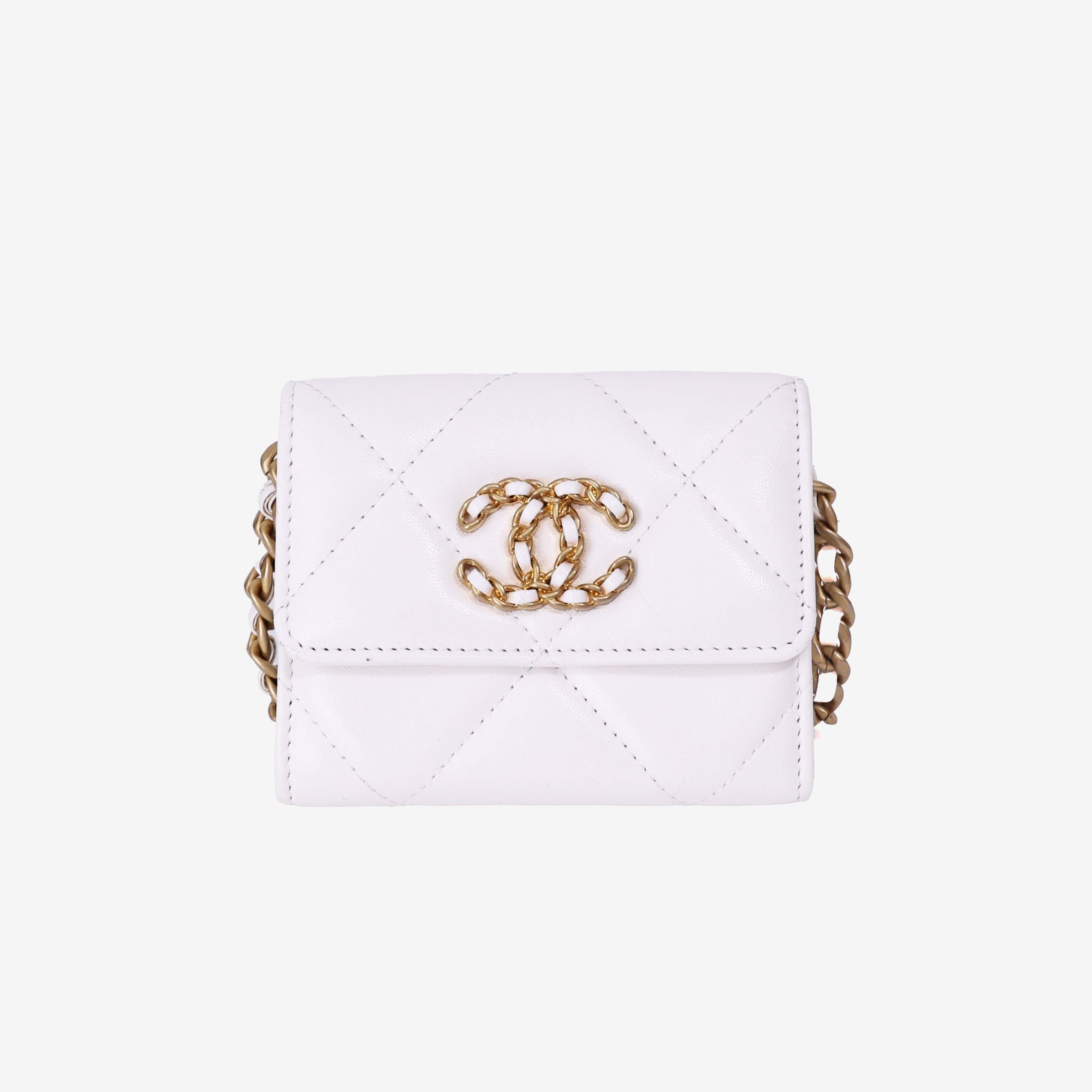 Chanel 19 Card Holder on Chain in White Lambskin Leather with Gold Hardware front view