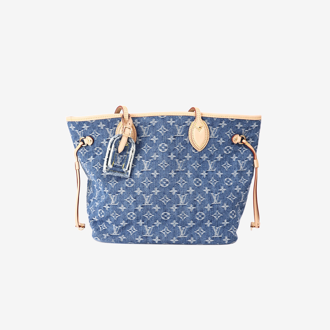 Louis Vuitton Neverfull MM Tote Bag in Blue Monogram Denim with Gold Hardware