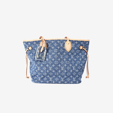 Louis Vuitton Neverfull MM Tote Bag in Blue Monogram Denim with Gold Hardware