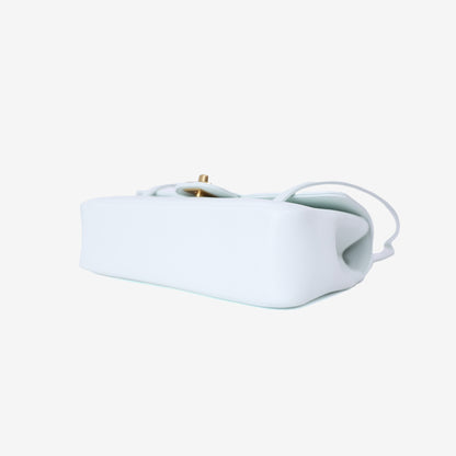 Chanel 26P Preppy Flap Small in Light Blue Calfskin Leather with Gold Hardware bottom side view