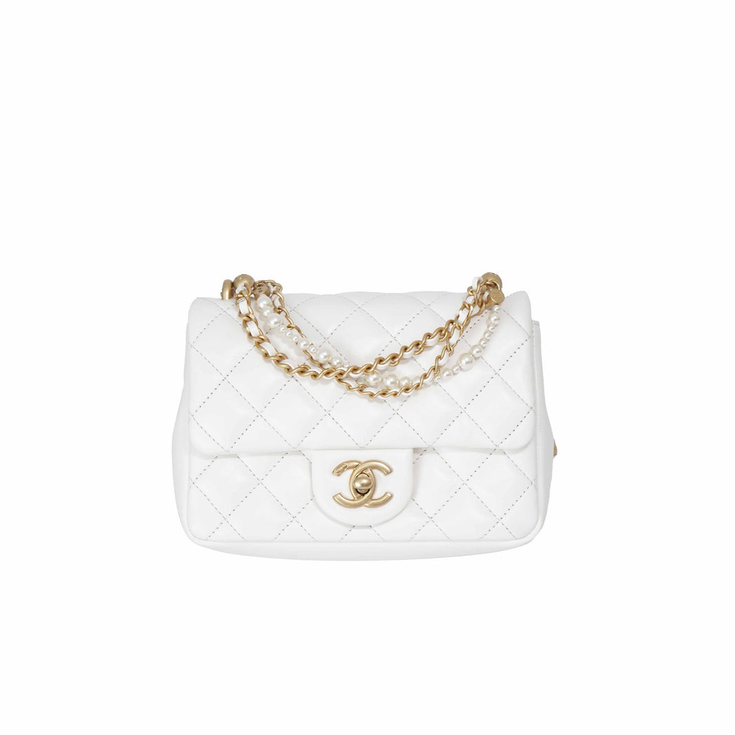 Chanel Pearl Crush Mini Square in White Lambskin Leather with Gold Hardware