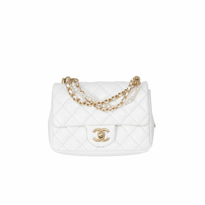 Chanel Pearl Crush Mini Square in White Lambskin Leather with Gold Hardware