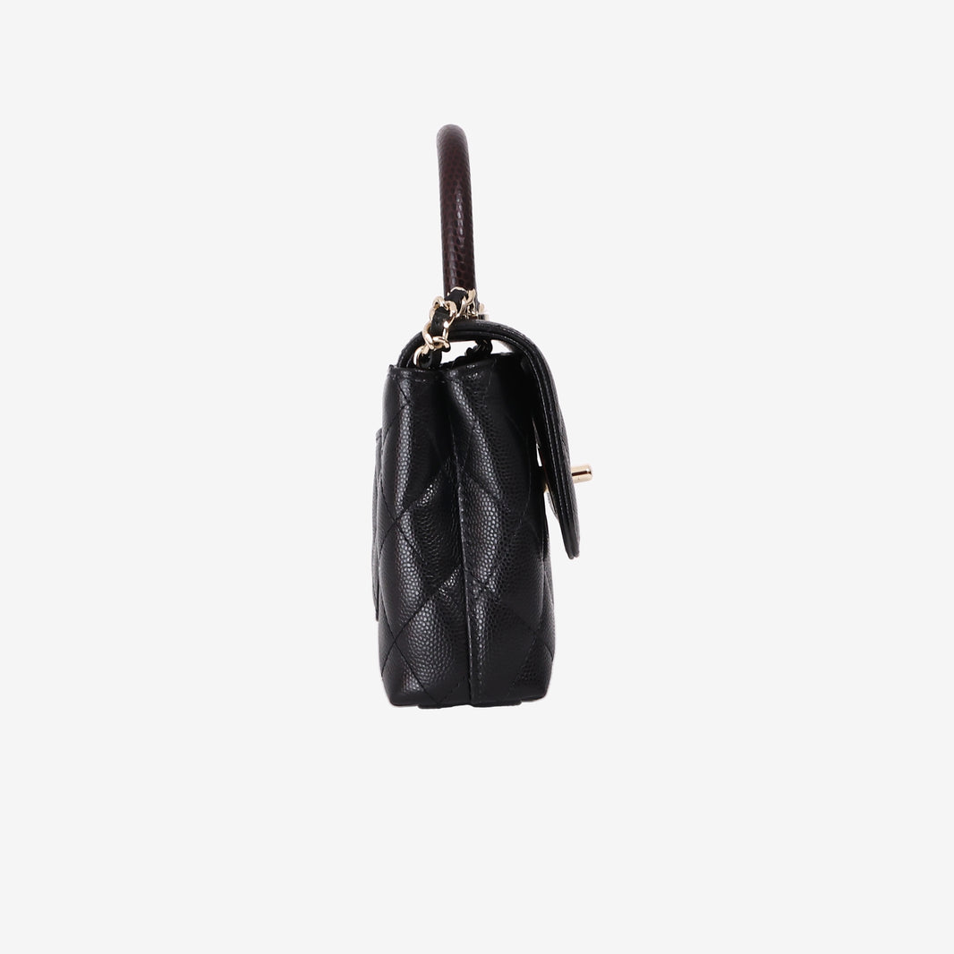Chanel Mini Coco Handle in Black Caviar Leather with Gold Hardware and Burgundy Lizard-Embossed Top Handle