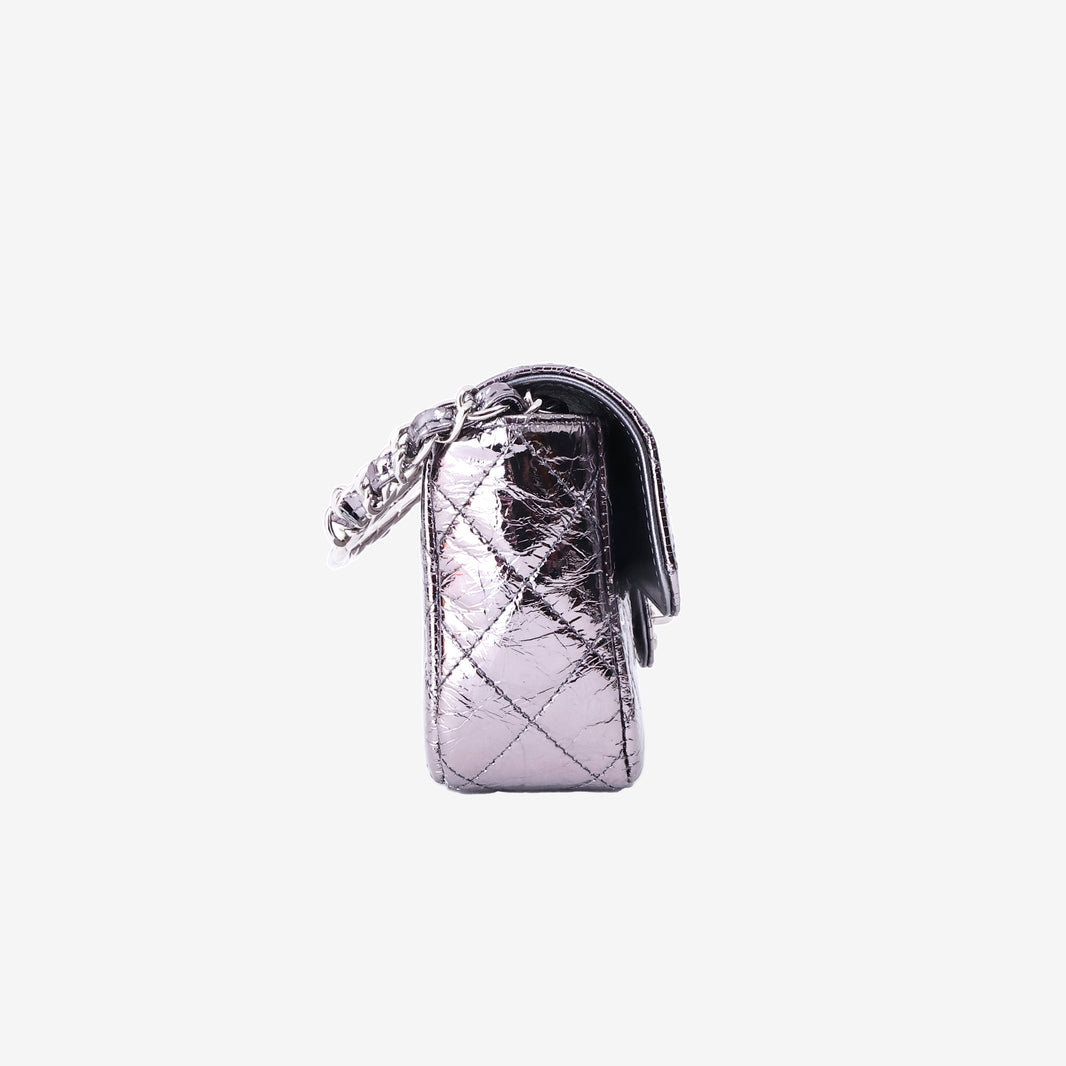 Chanel Mini Ring Handle Flap Bag in Silver Metallic Calfskin Leather with Silver Hardware