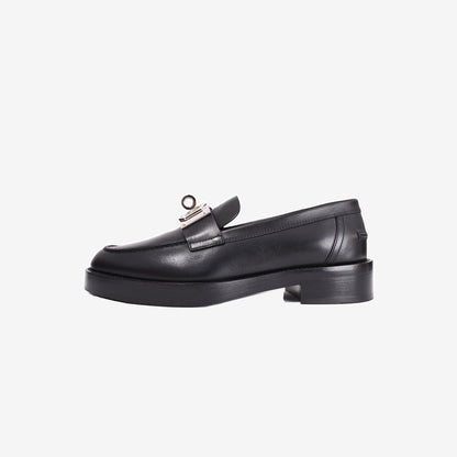 Hermès Hot Loafers in Noir Calfskin Leather with Palladium Kelly Buckle (Size 38.5)