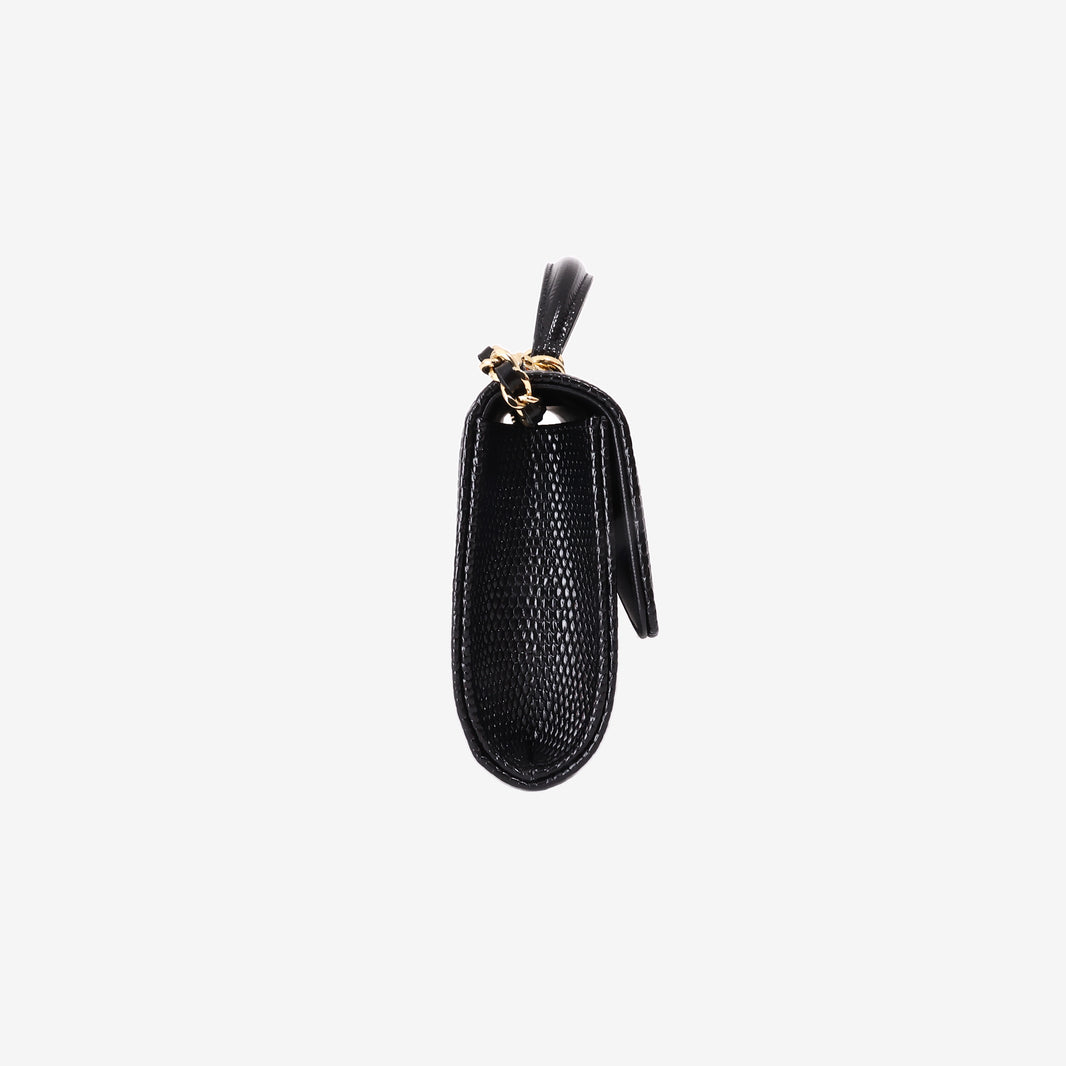 Chanel 26A Clutch with Top Handle in Black Lizard-Embossed Calfskin with Gold Hardware