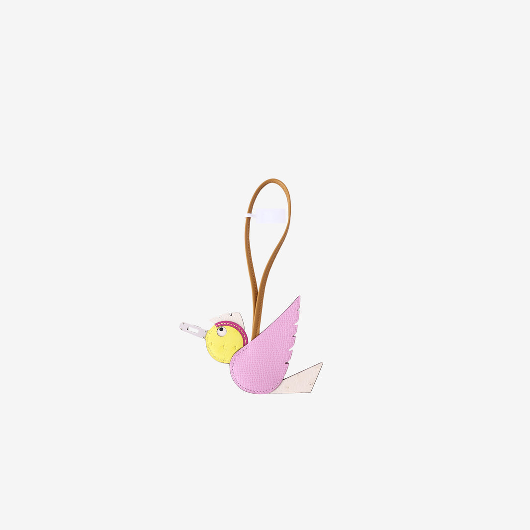 Hermès Birdy Charm in Mauve Sylvestre/Nata/Jaune Citron Ostrich Leather with Palladium Hardware front view
