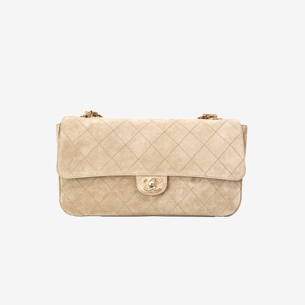 Chanel 26S Maxi Flap Bag in Dark Beige Suede Calfskin Leather with Gold Hardware front view