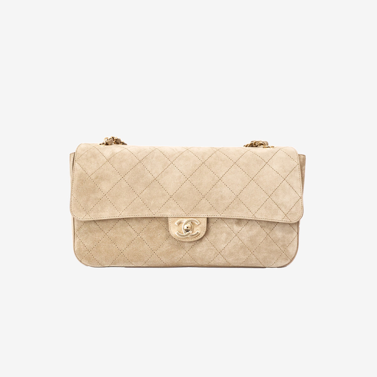 Chanel 26S Maxi Flap Bag in Dark Beige Suede Calfskin Leather with Gold Hardware front view