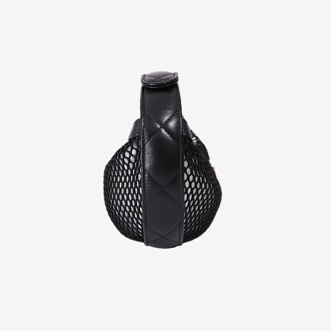 Chanel Mesh Mini Round Hobo Pouch Bag in Black Mesh with Gold Hardware