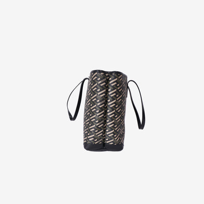 Versace La Greca Medusa Music Tote in Brown Coated Canvas and Calfskin Leather