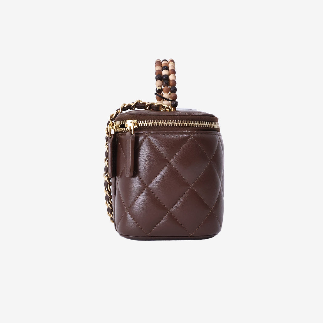 Chanel Vanity Case with Beaded Handle Box Bag in Brown Lambskin Leather with Gold Hardware (Contact to Enquire)