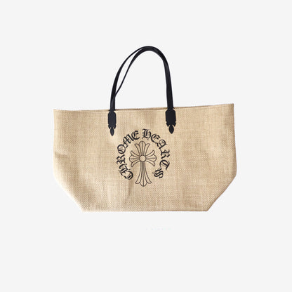 Chrome Hearts Beach Tote Bag Medium in Beige Straw with Cross Detailing