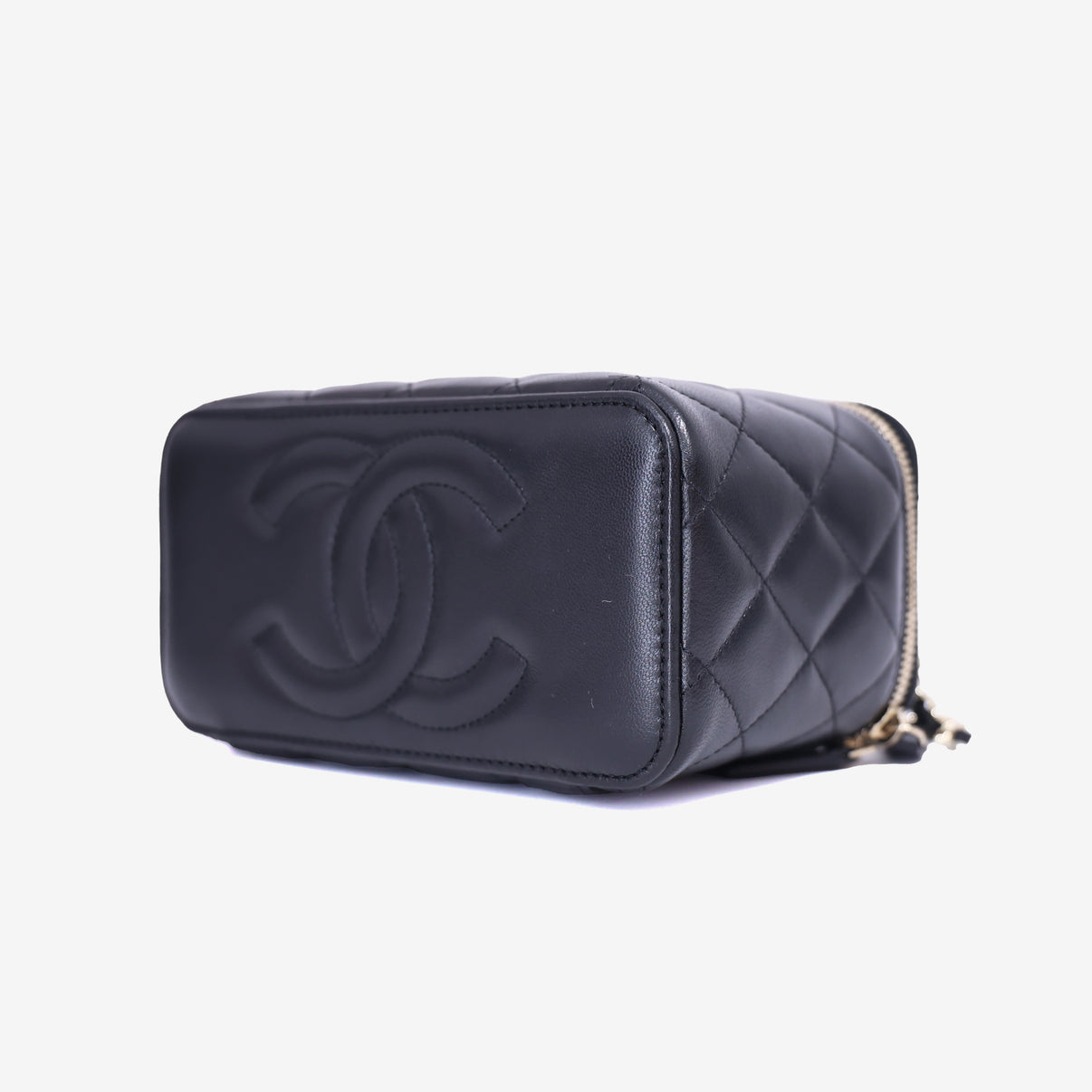 Chanel Vanity Case with Top Handle in Black Lambskin Leather with Gold Hardware bottom side view