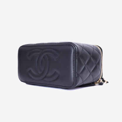 Chanel Vanity Case with Top Handle in Black Lambskin Leather with Gold Hardware bottom side view