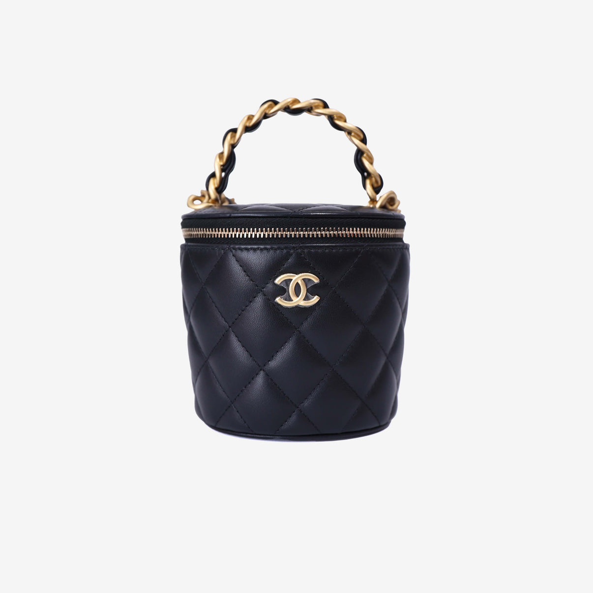 Chanel Bucket Bag in Black Calfskin Leather with Gold Hardware front view